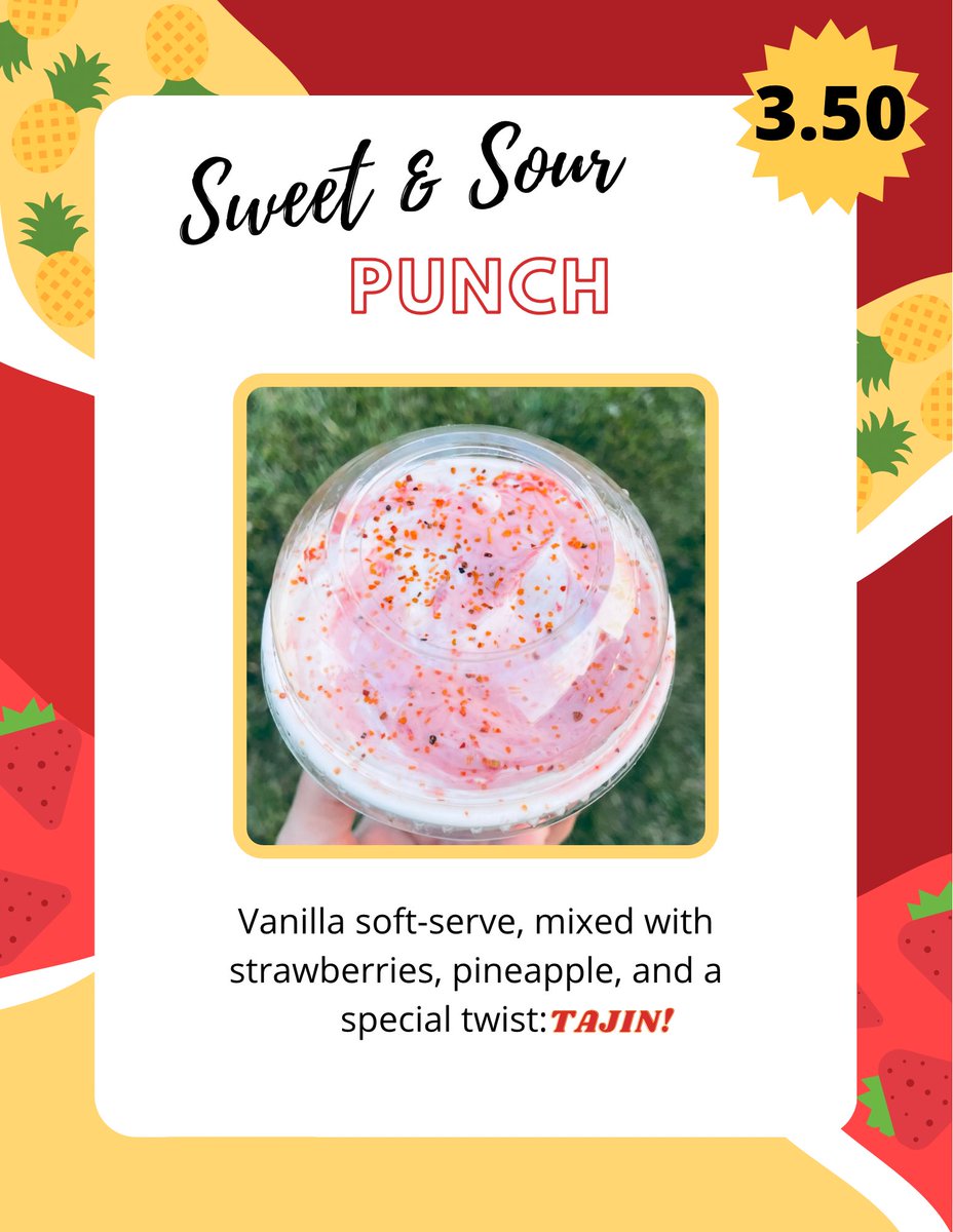 LakesideSwirl's tweet photo. 🍦FLURRY FRIDAY🍦

(TODAY GET IT FOR JUST $3.50)

Happy Friday! Today’s Flurry Friday is the yummy “Sweet &amp; Sour Punch.” For today only, come try a small for just 3.5 dollars.

What’s in it?
Vanilla soft-serve, strawberries, pineapple, and Tajin https://t.co/cWJot79uZP