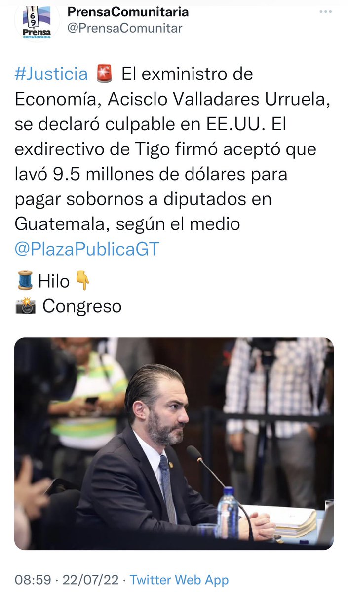 ManfredoGuate's tweet photo. El exministro de Economía, Acisclo Valladares Urruela, se declaró culpable en EE.UU.  por pagar sobornos por 9.5 millones de dólares a diputados en Guatemala, quienes serán esos “viztimas” que ya están en salmuera en 🇺🇸 por recibir sobornos? 👀🤔 https://t.co/ZAxPjw69cq