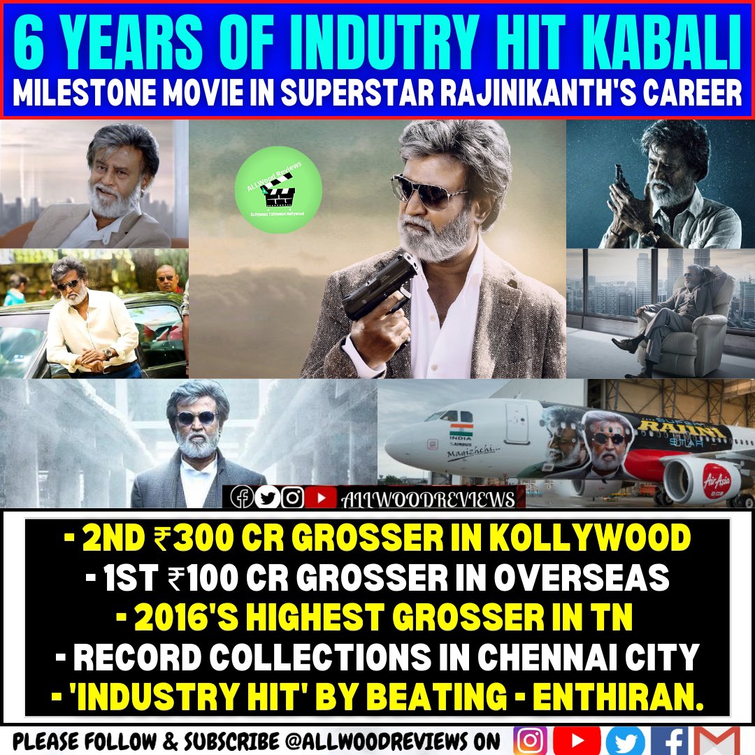 AllwoodReviews's tweet photo. #6YearsOfIndustryHitKabali
Milestone movie in Superstar #Rajinikanth's career.
- 2nd ₹300 cr grosser in Kollywood
- 1st ₹100 cr grosser in overseas
- 2016's Highest grosser in TN
- Record collections in Chennai city
- 'Industry Hit' by beating #Enthiran.
#6YearsofKabali https://t.co/qjoyC3mxNm
