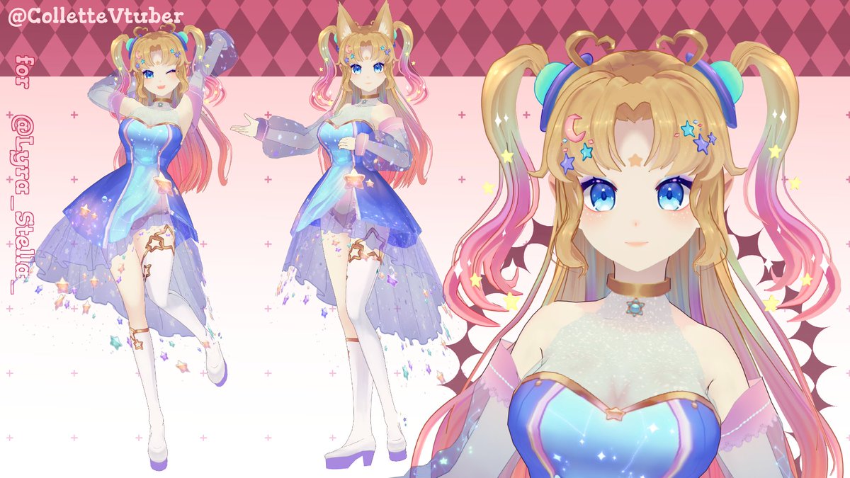 rediseño y modelo vroid que hice para @/Lyra_Stella_ !! me gusta mucho la paleta de color 

pd:me ando recuperando de un resfrió U_U👊

#VRoidStudio #VRoid #Commission #Vtuber