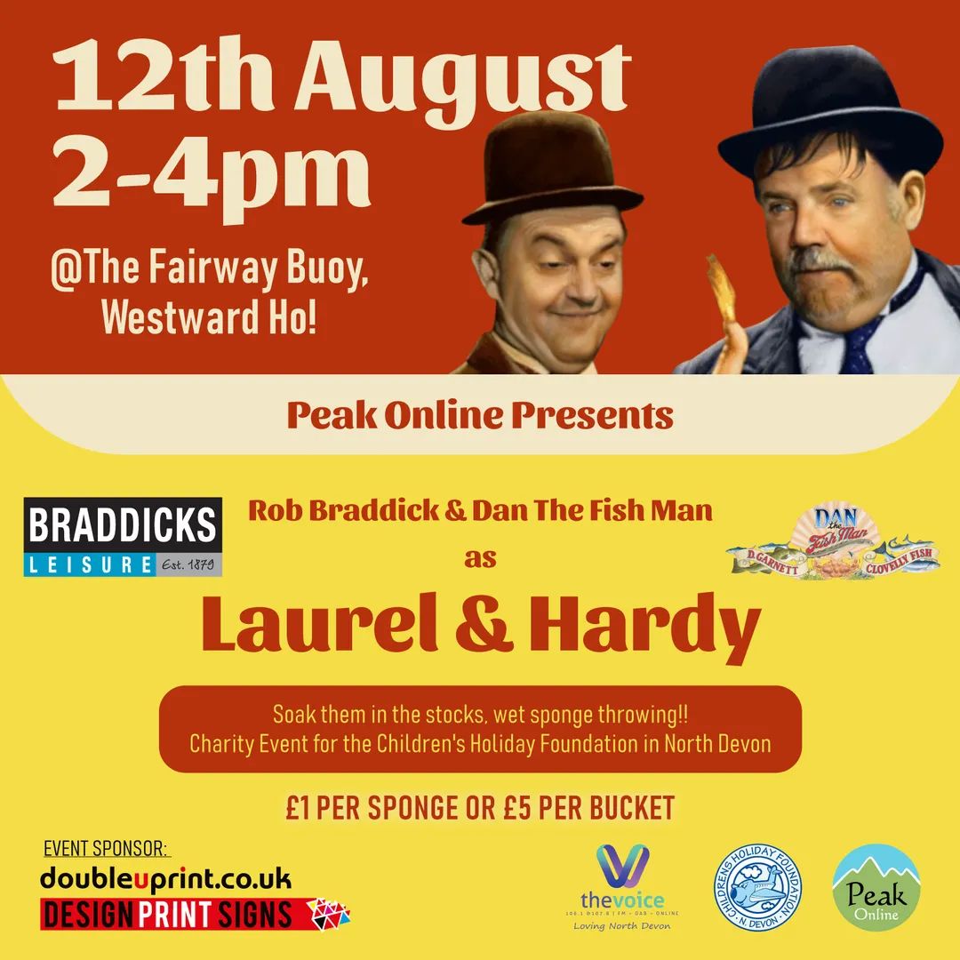 Andrew Bowers (@peakonlineltd) on Twitter photo <a href="/RobBraddick/">Rob Braddick</a> & <a href="/ClovellyfishDan/">Dan the fishman</a> as Laurel & Hardy soak them in the stocks
Raising money for The Children's Holiday Foundation North Devon
Fri 12th Aug 2-4pm The Fairway buoy Westward Ho!
Event Sponsor <a href="/doubleuprint/">doubleUprint</a>
Hosted by Braddicks Leisure 
Promoted by <a href="/TheVoiceNDevon/">The Voice North Devon</a> <a href="/RobBraddick/">Rob Braddick</a> & <a href="/ClovellyfishDan/">Dan the fishman</a> as Laurel & Hardy soak them in the stocks
Raising money for The Children's Holiday Foundation North Devon
Fri 12th Aug 2-4pm The Fairway buoy Westward Ho!
Event Sponsor <a href="/doubleuprint/">doubleUprint</a>
Hosted by Braddicks Leisure 
Promoted by <a href="/TheVoiceNDevon/">The Voice North Devon</a>