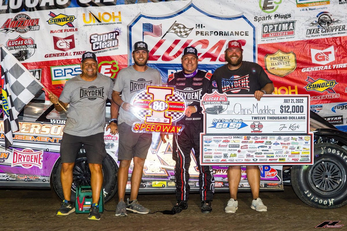 ChrisMadden44's tweet photo. Kicked off the weekend @I80Speedway with a victory in last night’s #Go50! 🏁
Our @TeamDrydene #XR1 led flag-to-flag after starting in 2nd to earn a $12,000 payday in the 50-lap @lucasdirt feature.
Onto this weekend’s #SilverDollarNats! https://t.co/lcV6Xj3ht1