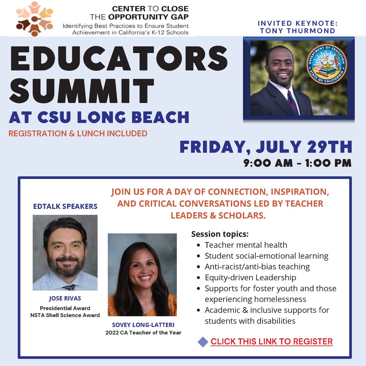 CalStateCCOG's tweet photo. One week until the Educators Summit on July 29th! Register now to attend in-person at CSULB or virtually via Zoom. You don't want to miss this exciting and informative event! Sign up at https://t.co/J2z1iglumF
#csulb #csulbced #sjsu #CADeptEd #fjuhsd #LaVistaLaSierra https://t.co/FMvw6OtmZe
