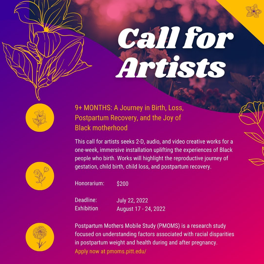 DEADLINE EXTENDED TO JULY 24 🎨🤰🏾  Any Black birthing person can submit!

APPLY AT: pmoms.pitt.edu

#BlackMaternalHealth #PMOMS #PghMCHMatters