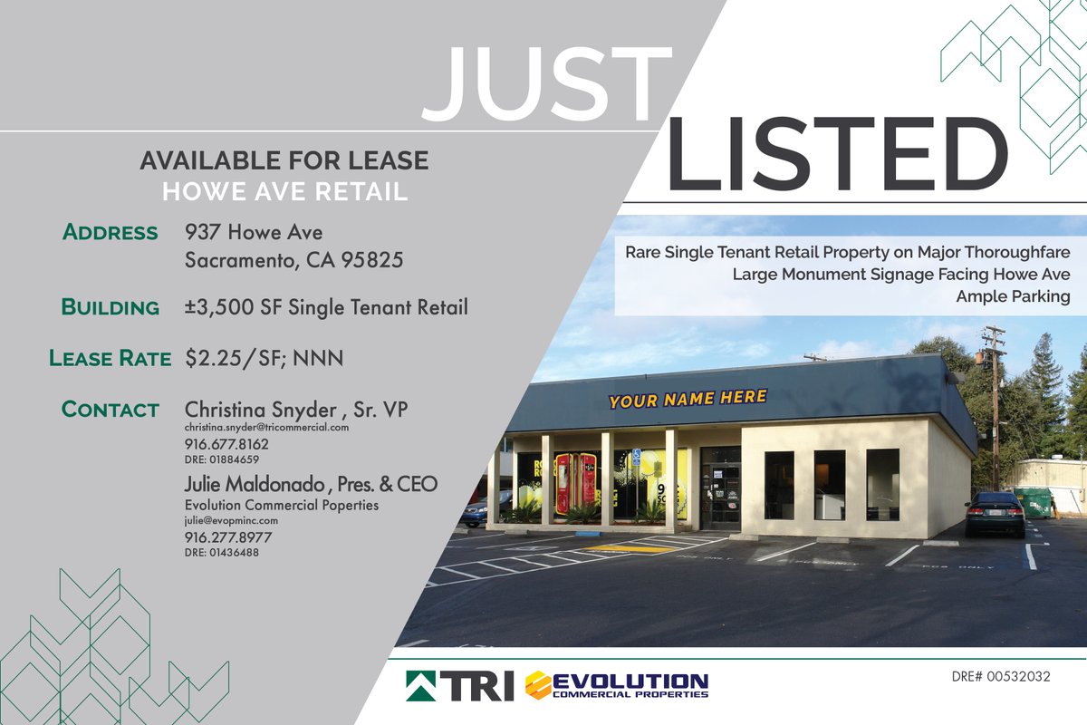 TRIcommercial's tweet photo. JUST LISTED: 937 HOWE AVE, SACRAMENTO, CA 95825
±3,500 SF Single Tenant Retail Building with Large Monument Signage Facing Howe Ave and Ample Parking. https://t.co/5dwyu8iTPZ