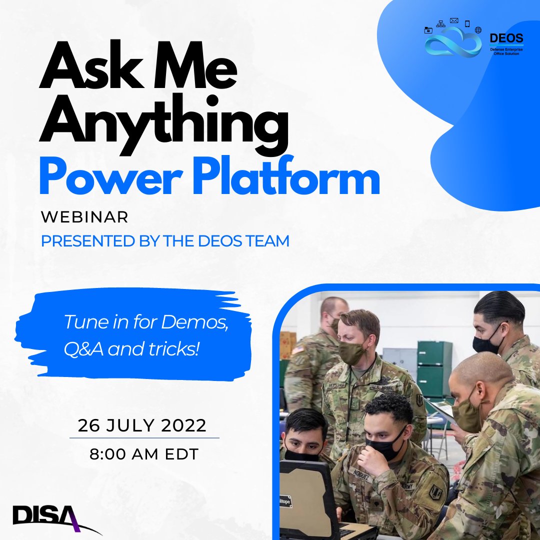DoW_DISA's tweet photo. Bring all your burning Power Platform ❓ to the next #AskMeAnything webinar hosted by #DISADEOS.
Don't miss this special webinar offering Power Platform demos to 📈 your organization!
⏰: 8 AM EDT
🔗: https://t.co/FAbaOHbdRD
#DOD365J #AMA #DOD365 #EmergingCapabilities https://t.co/g8a4BYwChP