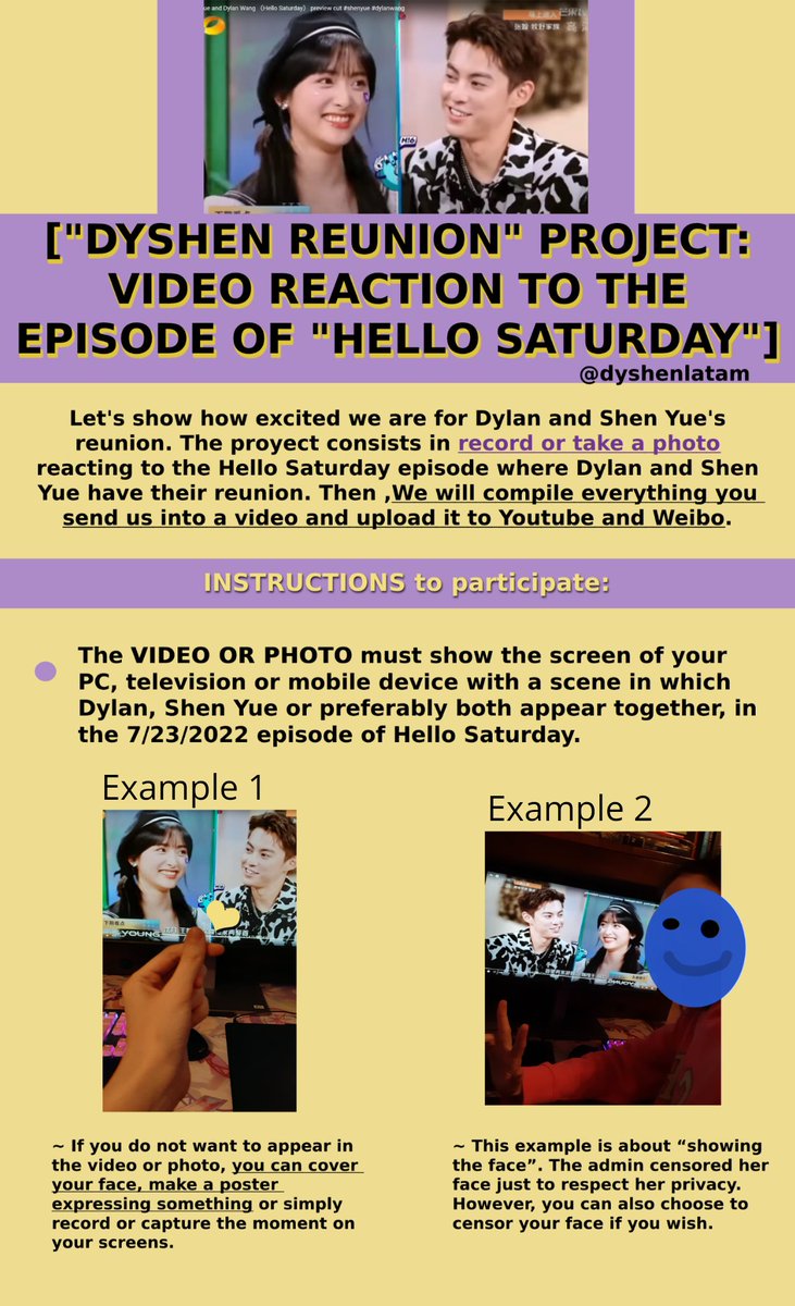 DiYue Sessions 🎙 💛💜 on X: [#DYSHEN REUNION PROJECT: VIDEO REACTION TO  HELLO SATURDAY EPISODE] We invite you to participate in this beautiful  project of our friends from Dyshen Latam 💜💛 📧S
