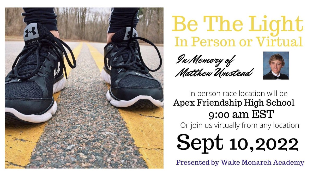 Join us for our annual 5K race for recovery.  All proceeds go towards our school.  Sign up today !!   wakemonarchacademy.org/be-the-light-2…