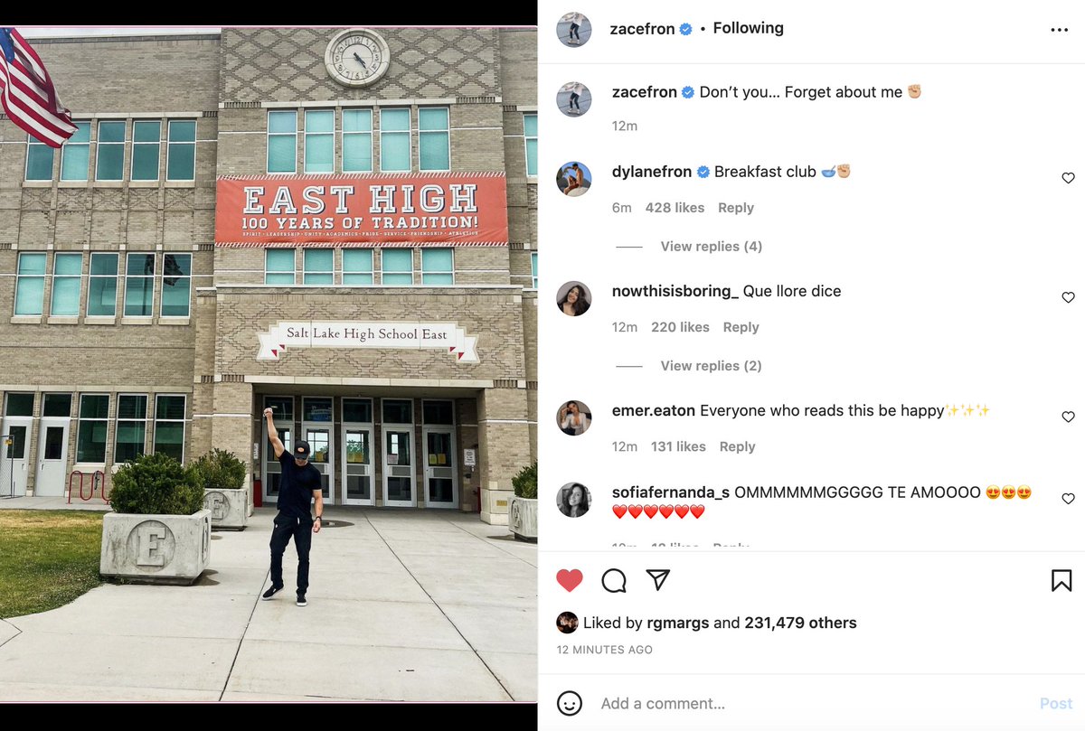 alyssabailey's tweet photo. #HighSchoolMusical's Zac Efron and Vanessa Hudgens both posing outside of East High recently on Instagram. Coincidence or a sign of something bigger? 👀🥺 https://t.co/DBnyiWc3b7