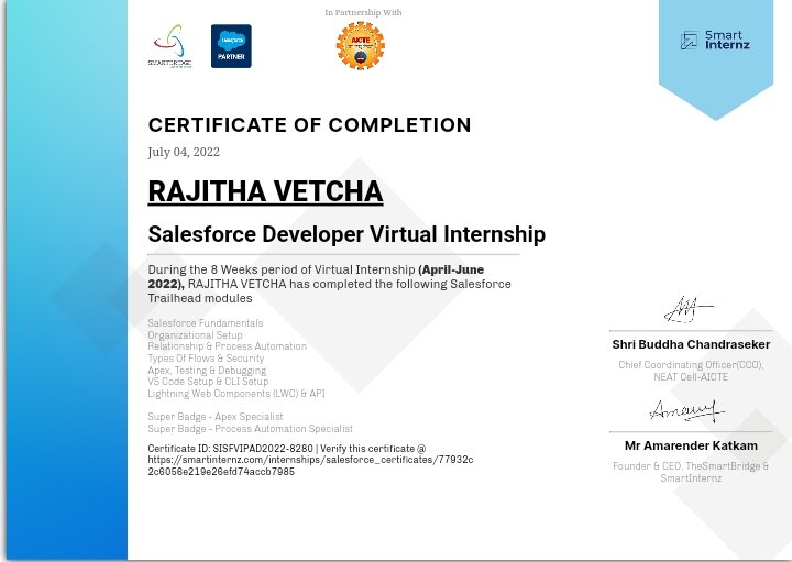 RajithaVetcha's tweet photo. Enjoyed being part of the Salesforce Virtual Internship Program. Thank you sir for your guidance.
@satyagoluguri 
#MVGRSFDAYS 
#MVGR https://t.co/c3iWJ2s8YL