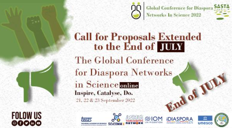 TWASnews's tweet photo. #TWASOpportunities - Our partners at @SASTAWorld are seeking applicants who would like to tell their stories at the Global Conference for Diaspora Networks in Science, 21-23 September. 

The deadline to apply is 31 July. https://t.co/P19sISyZnI #TWASPartners #ScienceDiaspora https://t.co/GjXoXMRfJ9