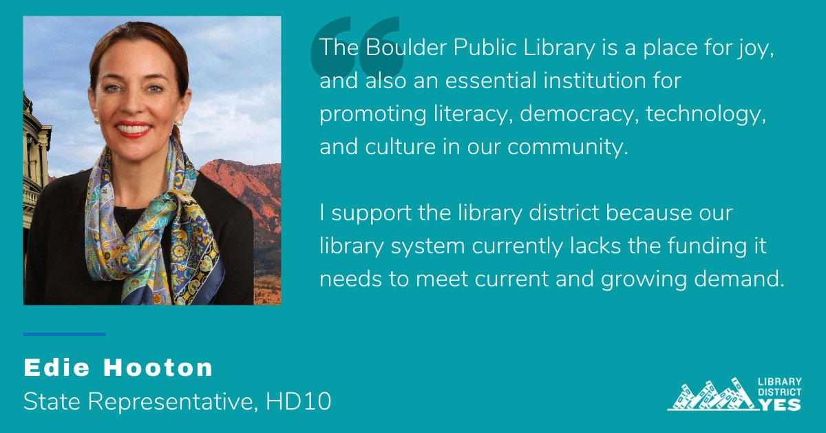 WeLoveBPLibrary's tweet photo. Thank you @EdieHooton for supporting the creation of a #LibraryDistrict for the Boulder Public Library!
This November, we can vote for sustainable funding for the libraries our community needs. https://t.co/xeMbqrk6lZ