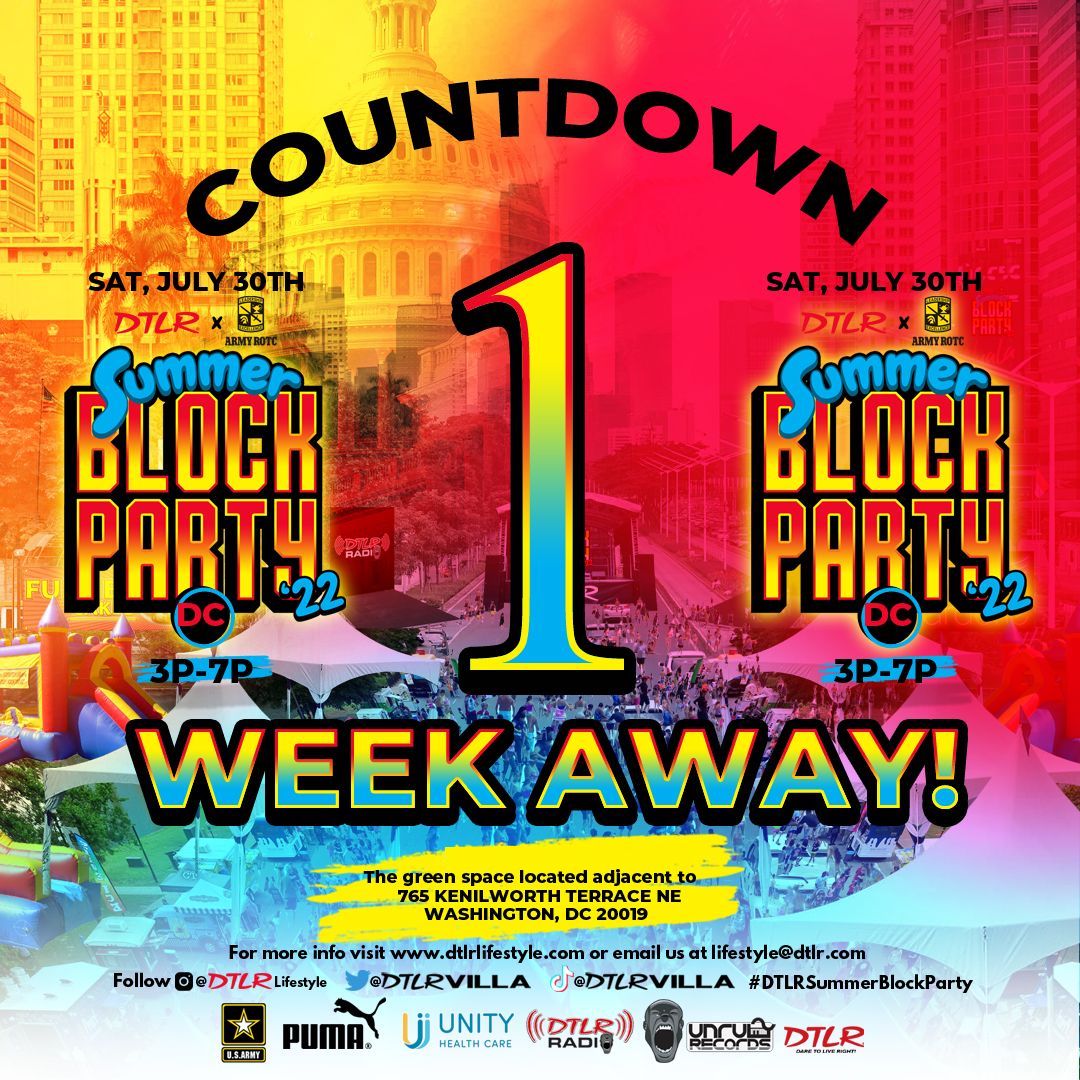 daretoliveright's tweet photo. #DC ❗❗We're 1️⃣  Week Away ❗❗ Are you coming??? 🤔 Tag who's coming with you!!

😎 See you soon🍧 Let The Family Reunion Begin!🎢

#DTLR
#DTLRSBP
#FamilyReunion
#DTLRBlockParty
#SummerBlockParty
#DTLRSummerBlockParty https://t.co/VHO3MSy4af