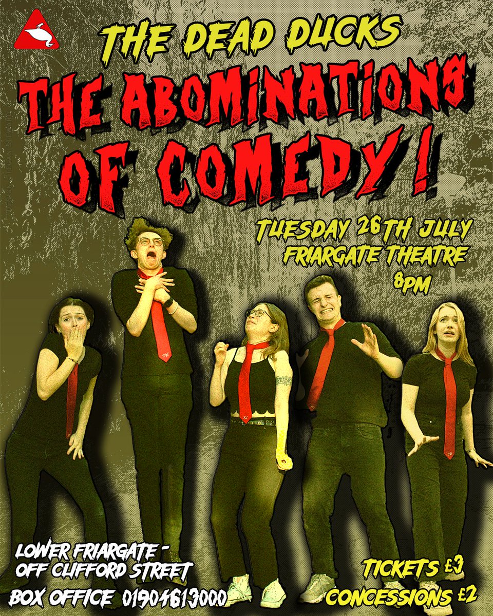 York ComedySoc (@comedysoc) on Twitter photo Our renowned sketch troupe, The Dead Ducks, are previewing their hit show 'Abominations of Comedy' for one night only in York next week!! Head over to <a href="/ridinglights/">Riding Lights Theatre Company</a> on Tuesday 26th of July, 20:00 - Tickets £3 (concessions/students £2) #comedy #sketchcomedy #EdinurghFringe #York Our renowned sketch troupe, The Dead Ducks, are previewing their hit show 'Abominations of Comedy' for one night only in York next week!! Head over to <a href="/ridinglights/">Riding Lights Theatre Company</a> on Tuesday 26th of July, 20:00 - Tickets £3 (concessions/students £2) #comedy #sketchcomedy #EdinurghFringe #York