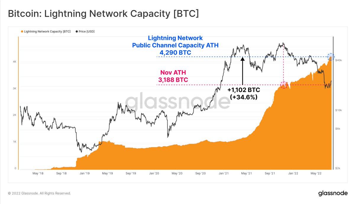 Bitcoin Lightning Network capacity in public channels continues to push to  new highs, despite prevailing bear market headwinds. Total capacity is now  at 4,290 $BTC, which has increased by 34.6% since the