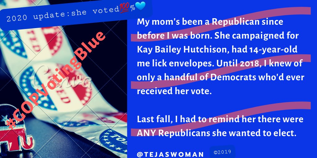 tejaswoman's tweet photo. Hence my saying she has *Mom's* respect. Both Cheney & Kinzinger fall considerably short of heroic for me on the voting front, though I can understand they're as close as a moderate like Mom ever gets anymore to representation in her own historic party. She's #GOPVotingBlue now. https://t.co/VUoQ3YEkaX