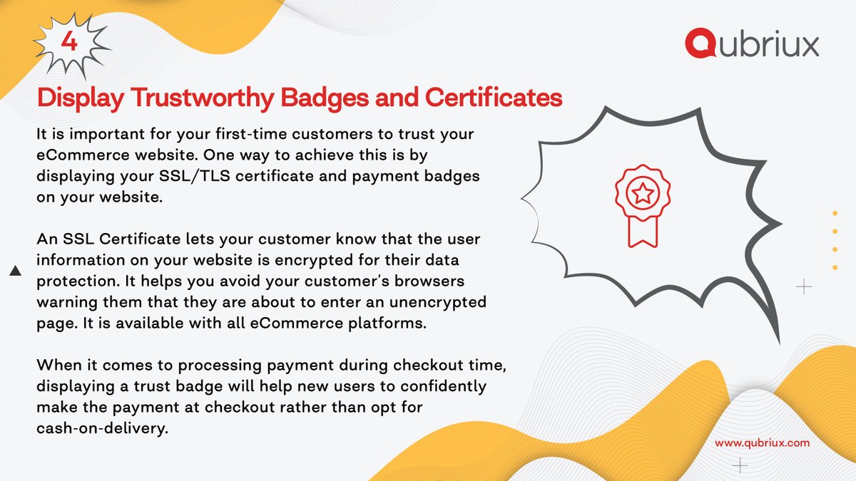 Qubriux's tweet photo. No. 4 of 100 Tips for The eCommerce Merchant!
Display security certificates and payment badges on your website. #100days100eCommerceTips #eCommerce #eCommercestore #eCommercemerchant #webstore #growth #onlineselling #shopify
Download our ebook here https://t.co/S0pG5ec6MM https://t.co/jxd24FVnhu