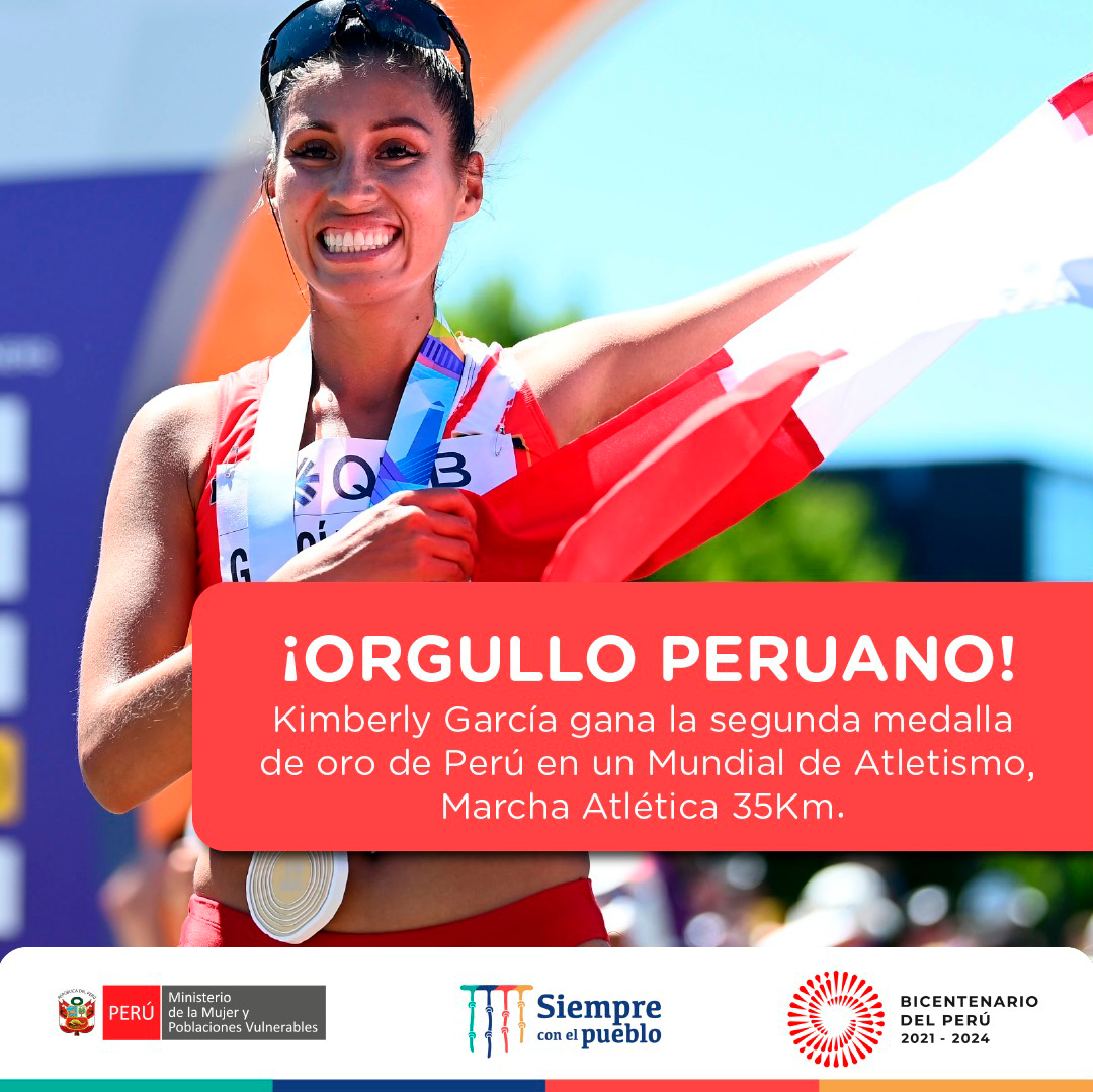 MimpPeru's tweet photo. 🇵🇪 OTRA VEZ CAMPEONA MUNDIAL 🇵🇪
Nuevamente Kimberly García hace historia, hoy ha ganado la segunda medalla de oro para Perú en un Mundial de Atletismo, al campeonar en la prueba de 35 km de marcha atlética en el Mundial de Atletismo Oregón 2022. 👏 ¡Toda la gloria, Kimberly! https://t.co/U2ryEEGgx3