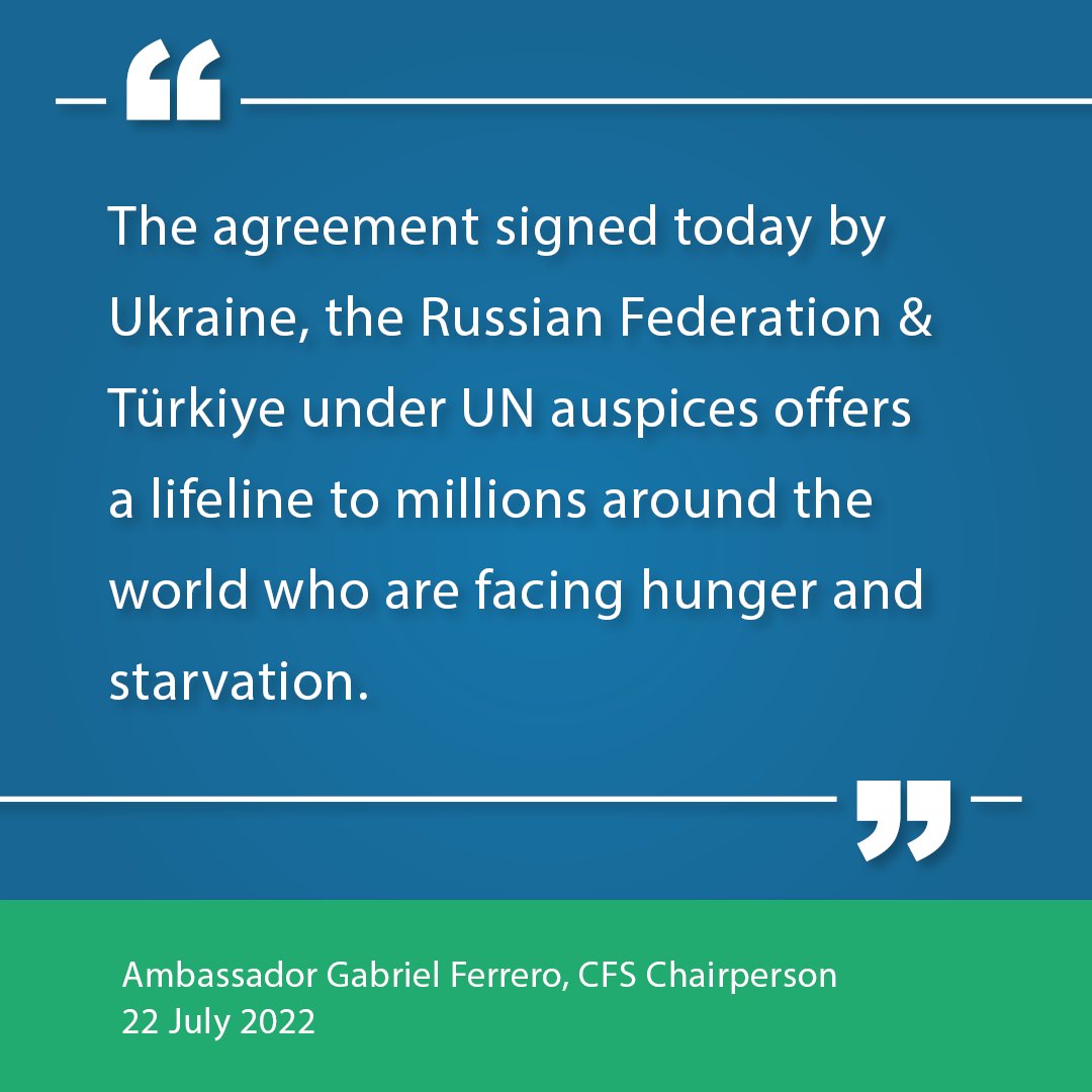 CFS welcomes the deal signed by Ukraine 🇺🇦, Russia 🇷🇺 &amp; Türkiye 🇹🇷 backed by the <a href="/UN/">United Nations</a> to allow export of grains from the Black Sea region.