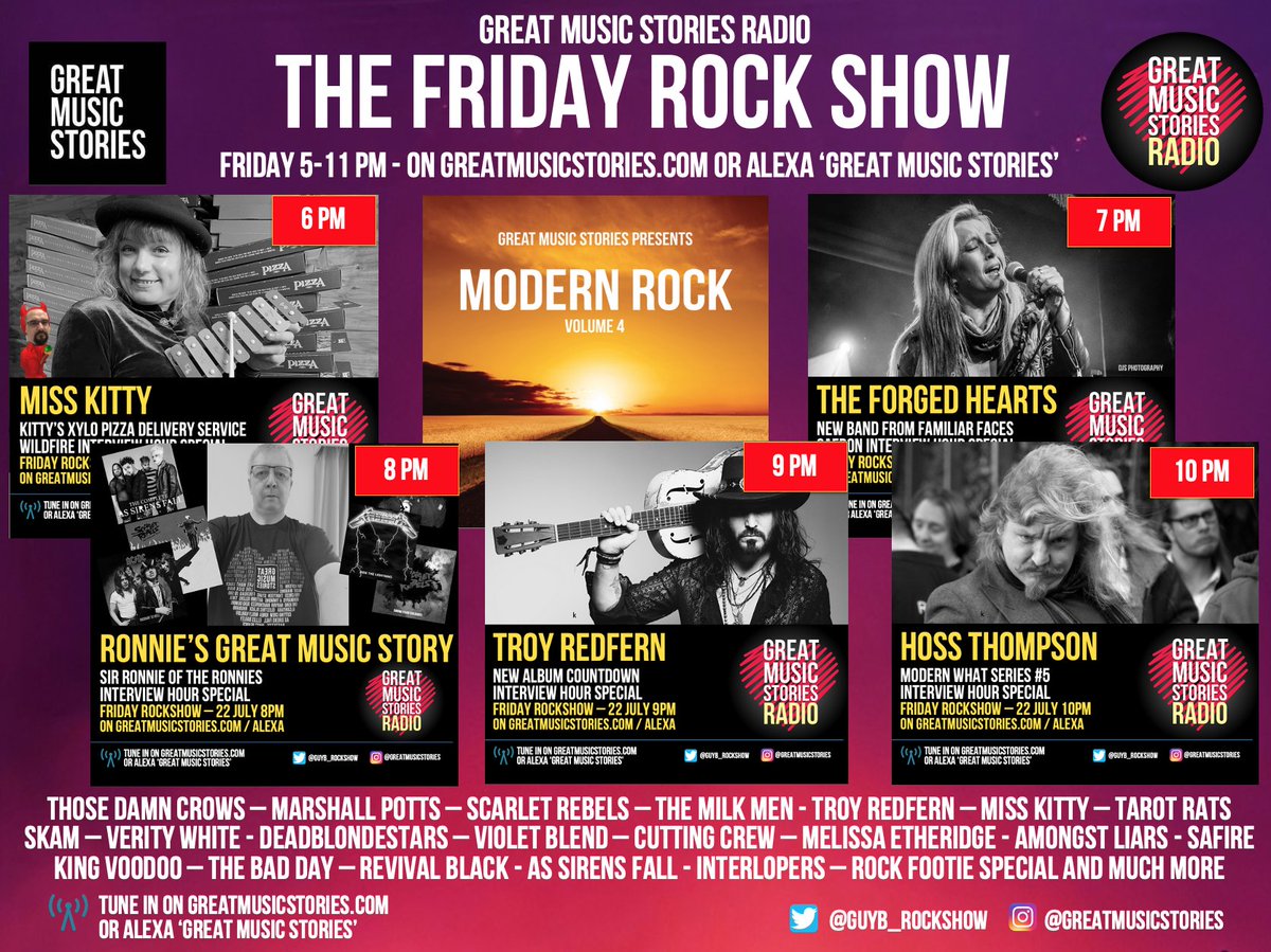 Off we go! Opening tonight with <a href="/tarot_rats/">Tarot Rats</a> Only the Matrons. Friday rockshow on greatmusicstories.com til 11pm. Packed one tonight with @iammisskittyhq <a href="/Ronaldocameroon/">Sir Ronnie of the Ronnies CHD</a> <a href="/TheForgedHearts/">TheForgedHearts</a> <a href="/TroyRed7/">Troy Redfern</a> <a href="/13_Stars1/">Thirteen Stars</a> <a href="/ThoseDamnCrows/">Those Damn Crows</a> <a href="/ScarletRebels/">Scarlet Rebels</a> <a href="/amongstliars/">Amongst Liars</a> <a href="/DeadBlondeStars/">DeadBlondeStars</a> &amp; more