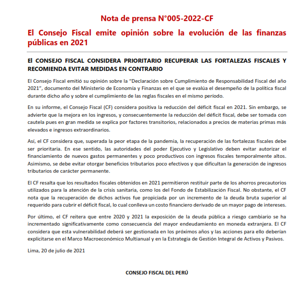 ConsejoFiscalP's tweet photo. Nota de prensa N°05-2022-CF El Consejo Fiscal emite opinión sobre la evolución de las finanzas públicas en 2021
https://t.co/XjHj9yQDy7 https://t.co/nxPMqeQ7Cx