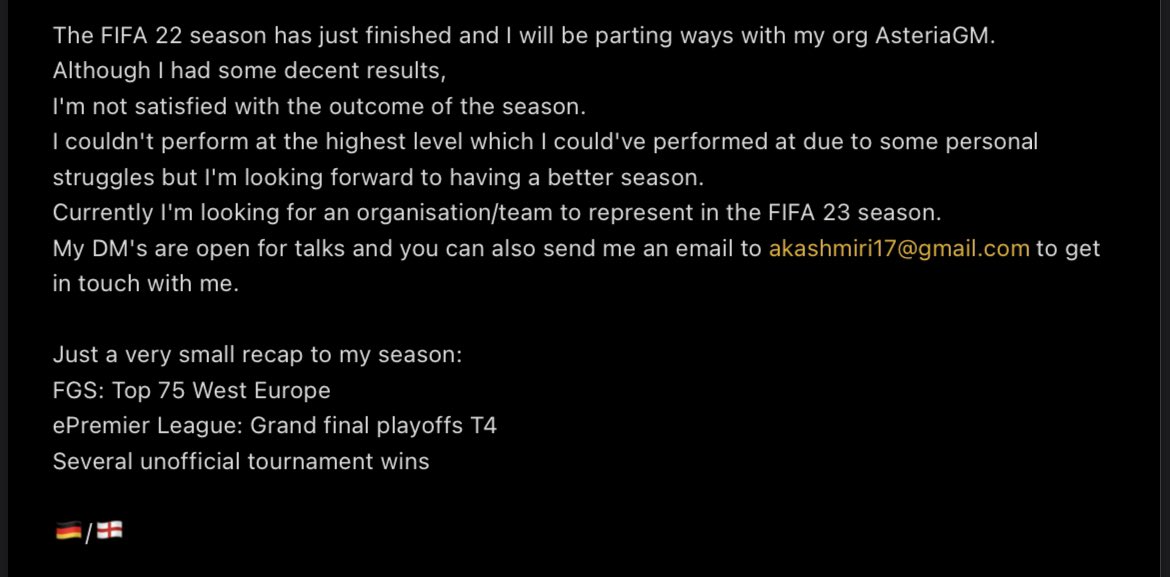 FIFA 23 Free Agent post
Likes and RT’s Appreciated❤️
Open for talks with 🇩🇪 &amp; 🏴󠁧󠁢󠁥󠁮󠁧󠁿 Orgs✅