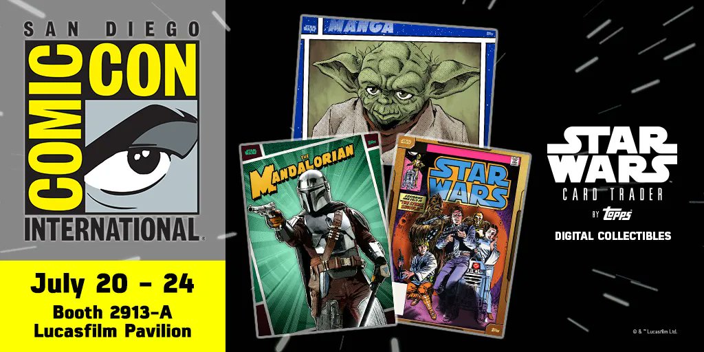 ToppsSWCT's tweet image. Day 2 of @Comic_Con has landed! Stop by the SWCT booth in the @Lucasfilm Pavilion &amp;amp; show us the app downloaded on your mobile device to get an in-app currency boost &amp;amp; more! While you’re there, play our interactive Mini Games to earn a special #SDCC Digital Card Pack!