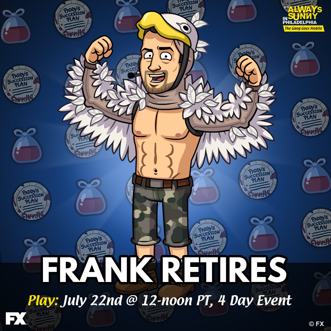AlwaysSunnyGame's tweet image. Frank's retiring. Who will succeed as heir to the crown of Paddy's Pub? 👑 Play in our Event today to find out, and unlock Birds of War Mac! 😲