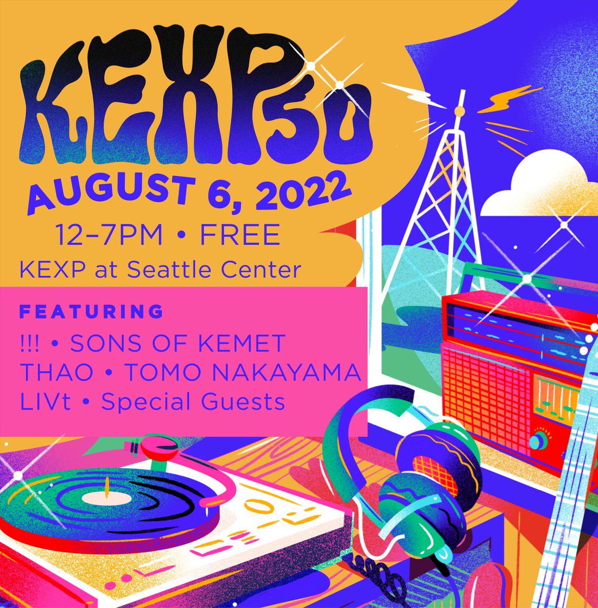 Join us for #KEXP50, our 50th anniversary celebration on Saturday, August 6! The event is FREE, open to the public, and featuring live sets from <a href="/chkchkchk/">!!!</a> <a href="/SonsOfKemet/">Sons Of Kemet</a> <a href="/thaogetstaydown/">Thao</a> <a href="/tomonakayama/">中山智司</a> @LIV_musiq + MORE special guests! Info: kexp.org/events/kexp-ev…