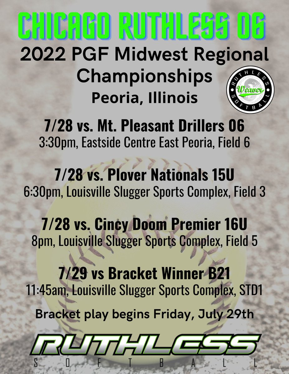 The <a href="/Chi_Ruthless_06/">Chicago Ruthless 06</a> ladies will be down at the PGF Regional Championships at the Louisville Slugger Sports Complex in Peoria, IL. Pool play starts July 28th @ 3:30 pm!! <a href="/GotBustos/">Crystl Bustos</a> <a href="/LegacyLegendsS1/">Legacy & Legends Softball</a> <a href="/TopPreps/">TOP PREPS @TopPreps | X | Sports News & Recruiting</a> <a href="/Los_Stuff/">Carlos Arias</a> <a href="/IHartFastpitch/">I❤️Fastpitch</a> <a href="/LaserShowcase/">Laser Nation Showcase</a> <a href="/d1fastpitch1/">D1 Fastpitch</a> <a href="/CoastRecruits/">Coast 2 Coast Recruits</a>