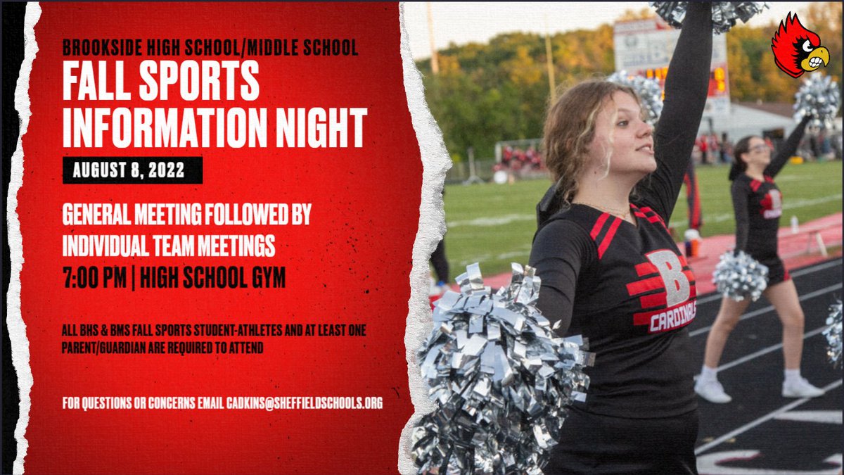 Brookside Fall Sports Information Night on 8/8.  All BHS &amp; BMS Fall Sports participants &amp; a family member need to attend.
<a href="/MrLandisMath/">Kevin Landis</a> <a href="/BrooksideSoccer/">Brookside Girls Soccer ⚽️</a> <a href="/BrooksideBSOC/">Brookside Boys Soccer</a> <a href="/ScottOD91/">Scott O’Donnell</a> <a href="/sslcscheer/">BHS Cheerleaders</a> <a href="/VbBrookside/">Brookside Cardinals VB</a> <a href="/PrincipalAdkins/">Mrs. Adkins</a>  <a href="/BrooksideCards/">Brookside Cardinals</a> <a href="/BMS_Cards/">Brookside Middle School</a> <a href="/BHSActionNews/">BHS Action News</a> <a href="/BMSImpact_News/">BMSImpactNews</a>