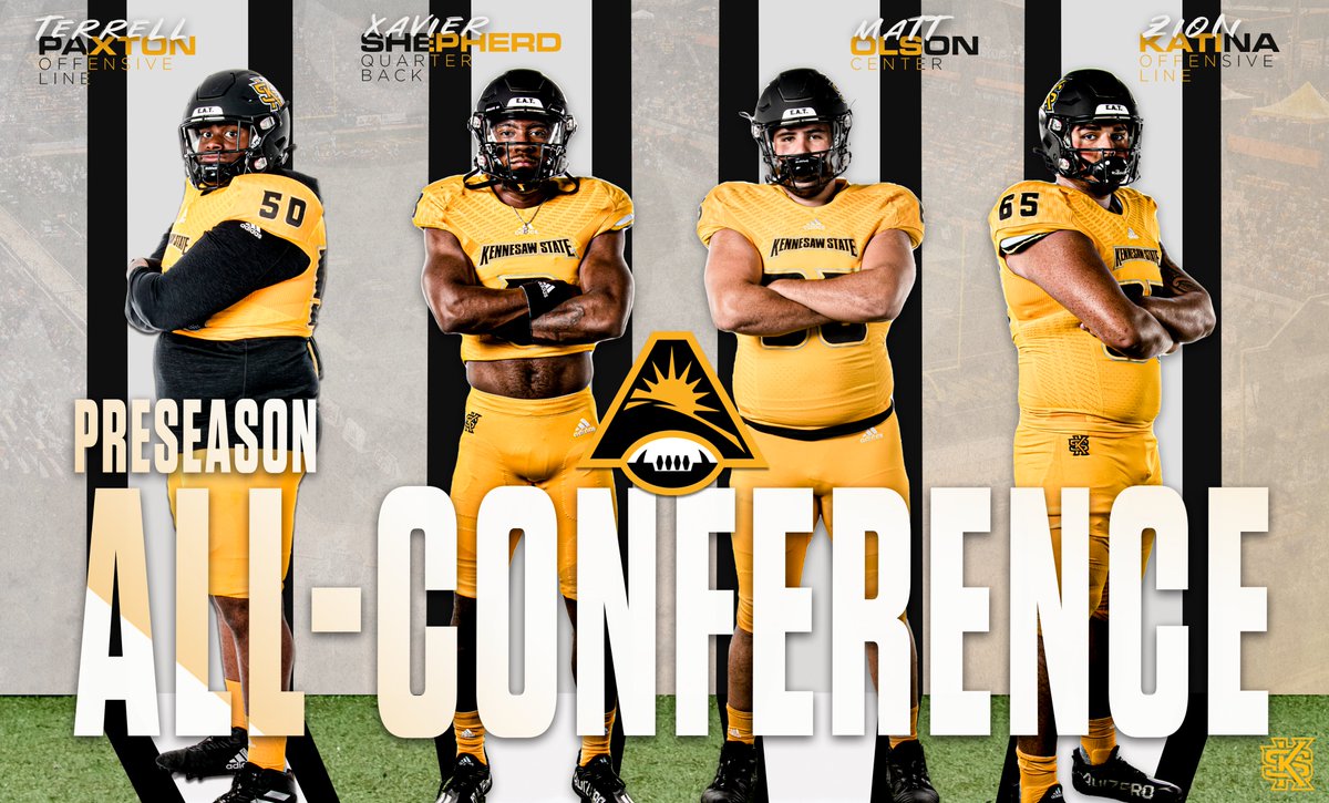 kennesawstfb's tweet image. 𝐀𝐋𝐋 🅰️☀️

@x_base8, @swaaggyt_, @mattol57 and @Zion_Katina were named to the @ASUN_Football Preseason All-Conference team 😎

🔗 bit.ly/3IYmAEh

#GoldStandard | #KSUSwitch