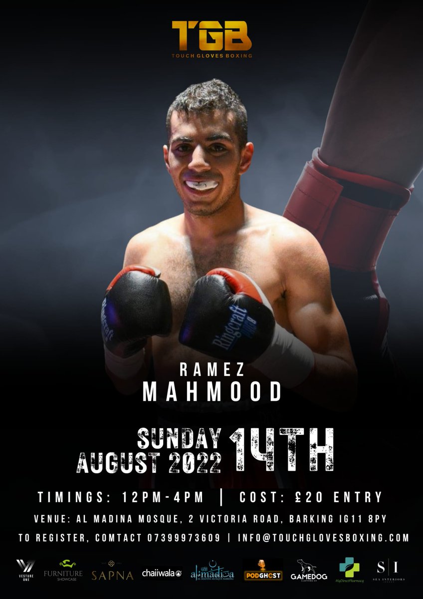 Ramez_Mahmood's tweet photo. Train with the pro boxers! I will be taking part in an event by @touchglovesboxn on August 14th in Barking where you can train with multiple pro boxers and all proceeds go to a great cause! Get involved! https://t.co/bOmlvL6Hpk