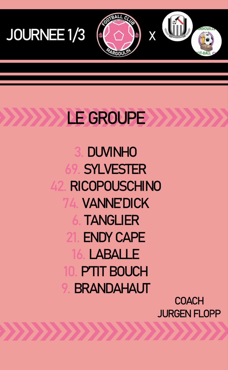 Format un peu particulier ce week-end avec 2 matchs en retard au programme prévus face à l’<a href="/AndouilleC/">Andouille Football Club</a> et l’<a href="/AS_Marteaubille/">AS Marteaubille</a> 
Début du premier match à 15h pour nos margoulinois.
Voici les 9 joueurs convoqués par Jurgen Flopp ce dimanche ⬇️⬇️