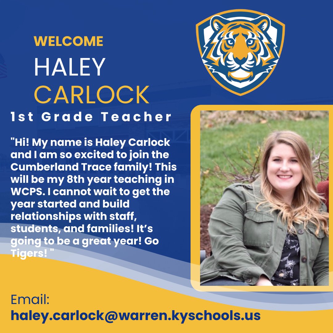 Please help me welcome Mrs. Haley Carlock to our CTE family! <a href="/ctetigers/">Cumberland Trace ES</a> <a href="/MrsWillis_CTE/">Amanda Willis</a>