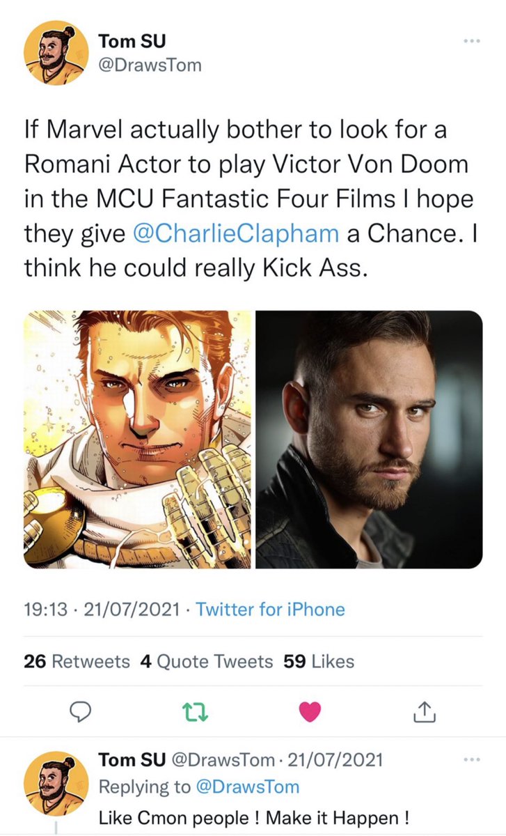 CharlieClapham's tweet photo. Love to see so many @marvel fans wanting a Romani actor for DR Doom. It’s important that our heritage is acknowledged and honoured. #DrDoom #SDCC #marvel #MCU #FantasticFour https://t.co/Vqd21aqbUD