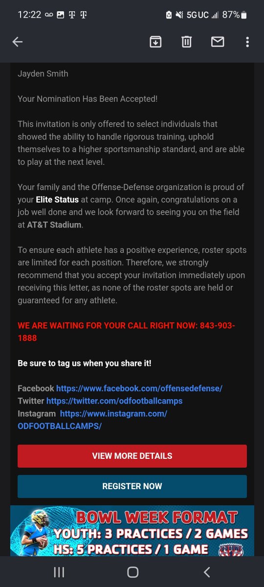 JaydenCSmith4's tweet photo. Proud to be invited to the @ODFootballCamps All-American Bowl in December. @coachjakescott @CoachBenWhite @OHSKnightsFB @CoachK_Skierski https://t.co/iCry1jMHYu