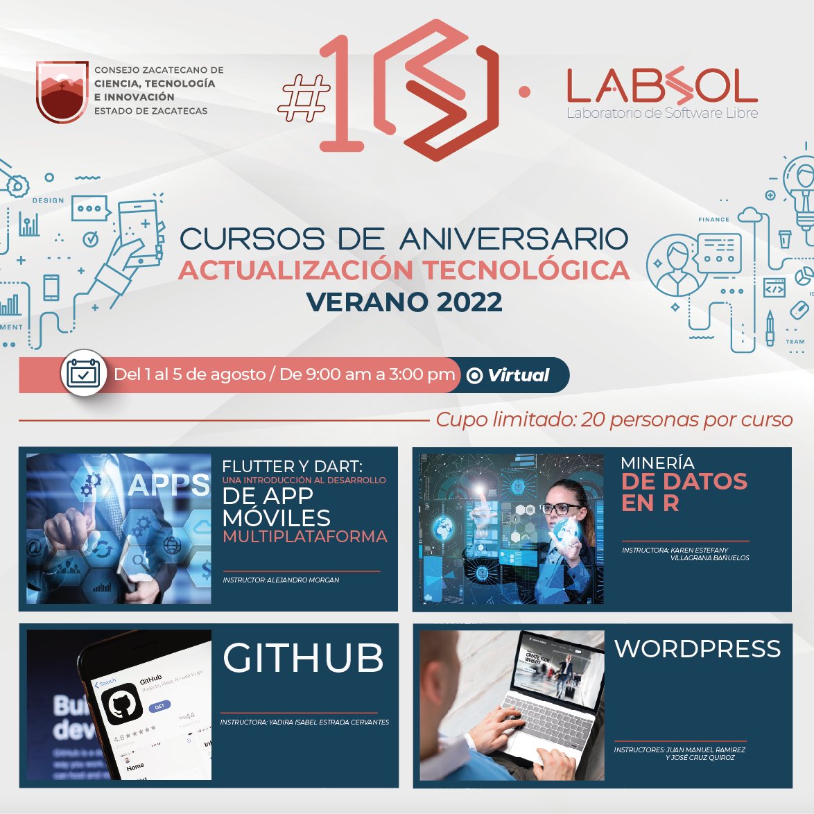 COZCyT's tweet photo. ¿Te gustaría aprender algo nuevo estas vacaciones?
#COZCyT y el Laboratorio de Software Libre #LabSoL, te invitan a participar en los Cursos de Aniversario sobre Actualización Tecnológica, Verano 2022. https://t.co/uCxA60pBcA
