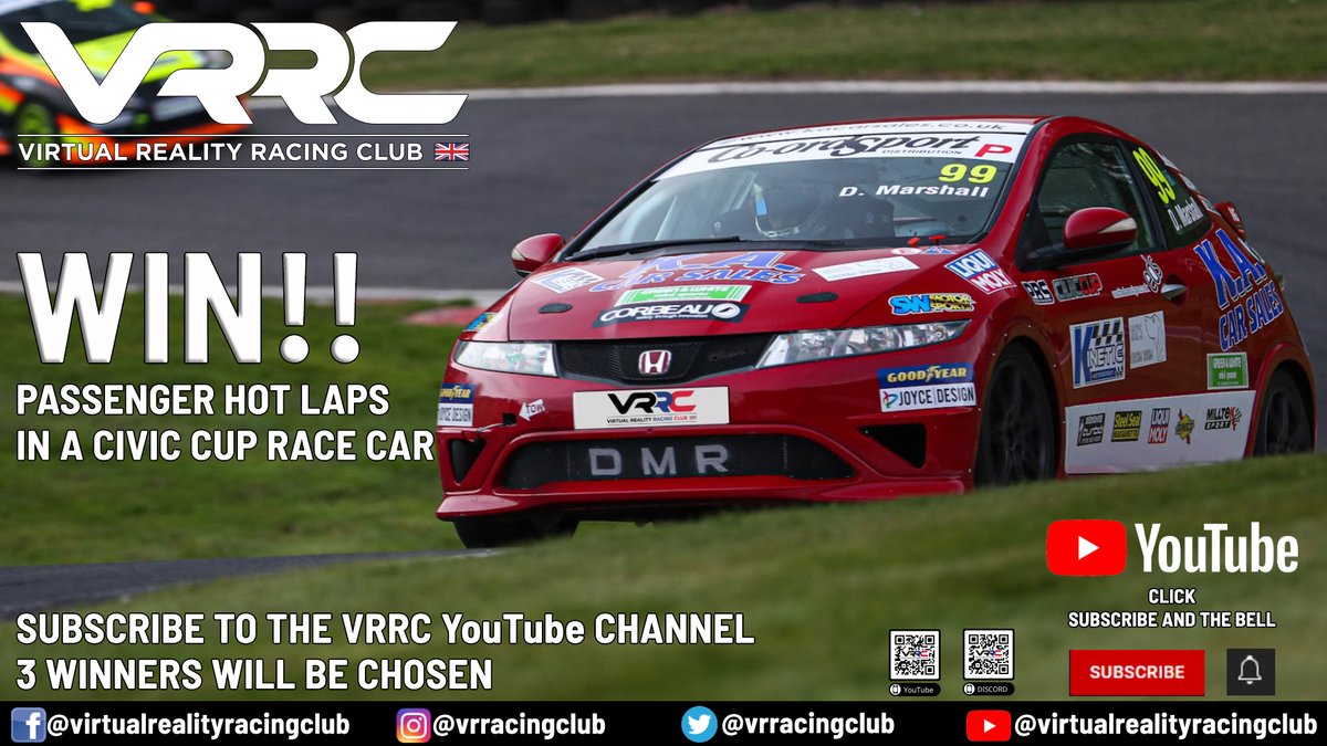 Subscribe to the VRRC YouTube Channel for a chance to win passenger Hot Laps in a Civic Cup race car at Cadwell Park circuit. 3 winners will be selected from all new subscribers by the end of August 2022. 
youtube.com/c/VirtualReali…