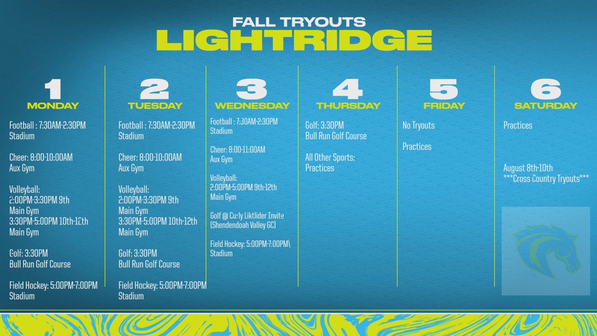 Fall Sports Tryouts: Be sure to have 1. Updated VHSL Physical on file with athletics office. 2. Online Registration Complete  (These can be found at Lightridgeathletics.org under files and links) Please email jason.treon@lcps.org with any questions. #GoBolts