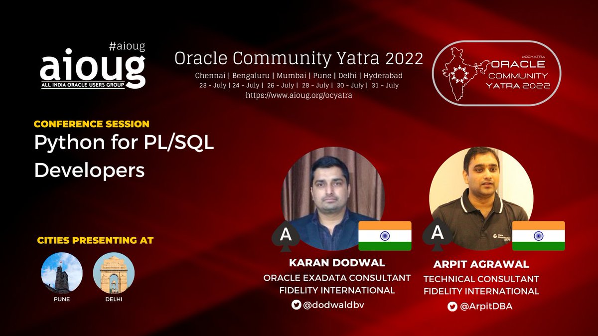 It's time to welcome #Oracle #KeySpeaker Karan Dodwal, Arpit Agrawal <a href="/dodwaldbv/">Karan Dodwal OCM ♠</a>, <a href="/ArpitDBA/">Arpit Agrawal</a> to your city. Join their session bit.ly/3uieBvy. Register now !! bit.ly/OCYatra-AAG 

<a href="/Oracle/">Oracle</a> <a href="/OracleDatabase/">Oracle AI Database</a> <a href="/groundbreakers/">groundbreakers</a> <a href="/oracleugs/">Oracle User Groups</a> <a href="/oracleace/">Oracle ACE Program</a> #OCYatra