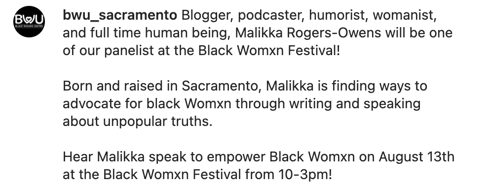BWUSac's tweet photo. Blogger, podcaster, humorist, womanist, and full time human being, Malikka Rogers-Owens will be one of our panelist at the Black Womxn Festival!
Connect with Malikka: IG- @Tacklingtomfool
FB- TacklingTomfoolery
Twitter- @MalikkaRogers
#BWU  #blackwomxn #tacklingtomfoolery https://t.co/UpYGyMqqNZ