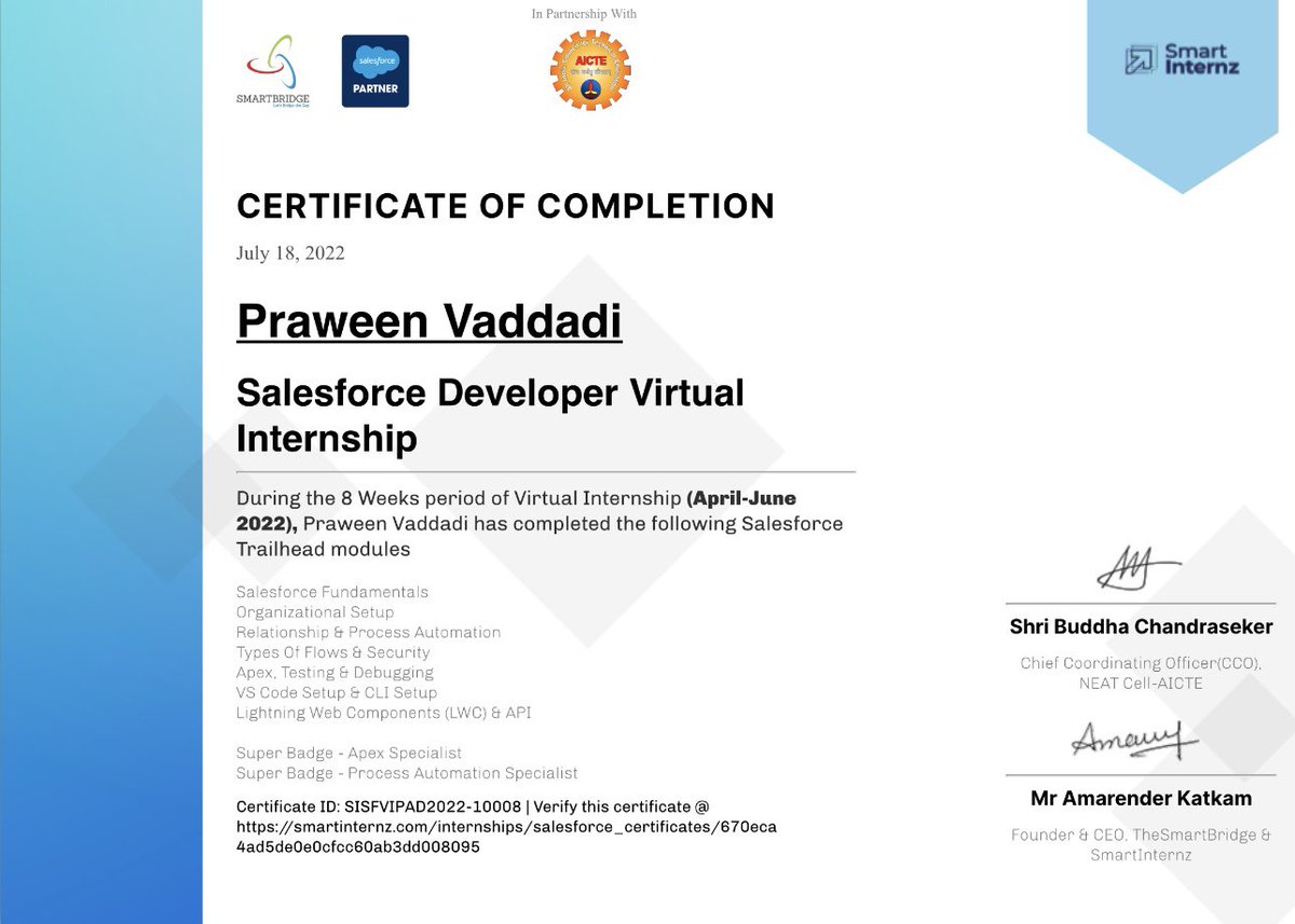 VaddadiPraween's tweet photo. successfully completed my salesforce developer virtual
internship
#aicte
#aicteinternship
#salesforcedeveloper
#salesforce
#salesforcecertified
#smartinternz
#mvgr @MVGRCEA @satyagoluguri @salesforce 

CERTIFICATE OF COMPLETION https://t.co/SoDqwbFvQc