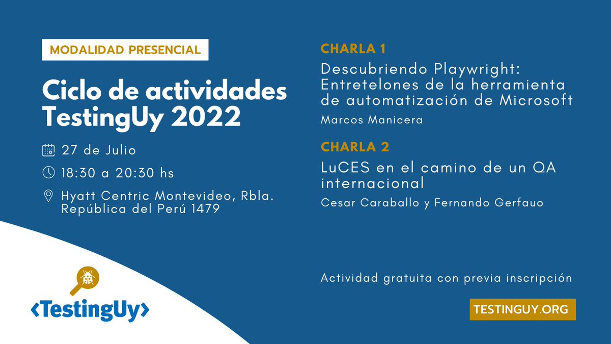 ¡La semana que viene comienzan las actividades del <a href="/testingUY/">TestingUy</a> !

Mirá aquí las charlas presenciales📍

#TestingUY #PuroTesting #GeneXusConsulting #QAlified