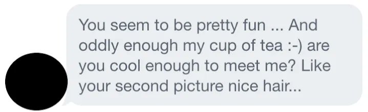Bullet_Dodged's tweet photo. "Are you cool enough to meet me?" Nope, absolutely not. 
#onlinedating #nothankyou https://t.co/AEln2hEoUc