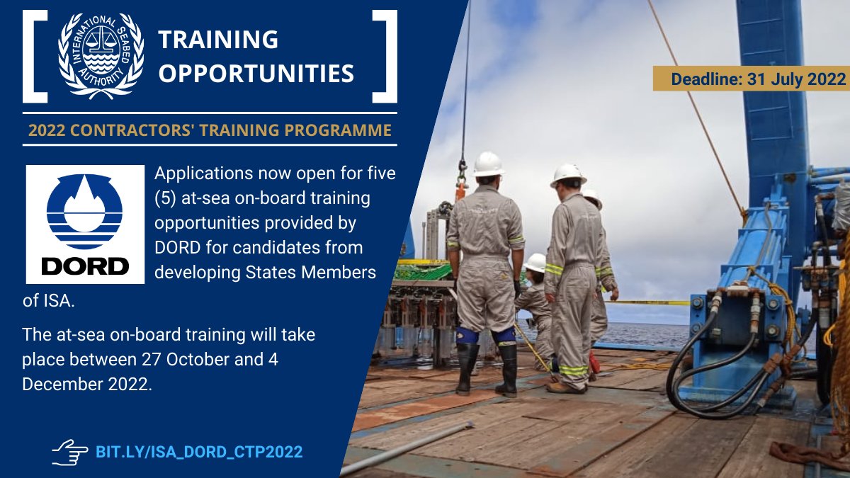 Applications are still open for FIVE at-sea on-board training opportunities provided by #DORD for candidates from developing States, Members of <a href="/ISBAHQ/">International Seabed Authority</a>.

Apply here bit.ly/ISA_DORD_CTP20… by 31 July!
