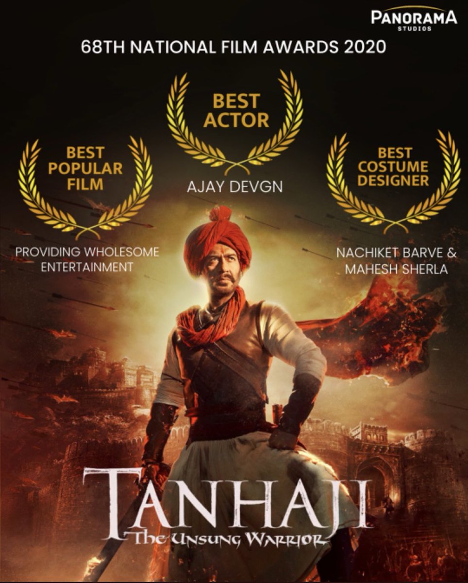 This warrior shines bright again at 68th National Film Awards! Congratulations @ajaydevgn for winning the best actor award thrice. Cheers to the whole #TanhajiTheUnsungWarrior team for the Best Popular Film Providing Wholesome Entertainment and the Best Costume Designer awards.#