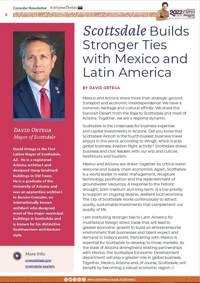 ConsulMexPho's tweet photo. In the #ConsularNewsletter🗞, Mayor of @scottsdaleazgov, David Ortega, emphasizes that the partnership with 🇲🇽 is essential for the city.
He also highlights the common heritage between Mexico and Arizona 🤝.
Check out the #ArizonaThrives section ⤵️
🔗: https://t.co/9mnx3JARRS https://t.co/W8JCDXy062