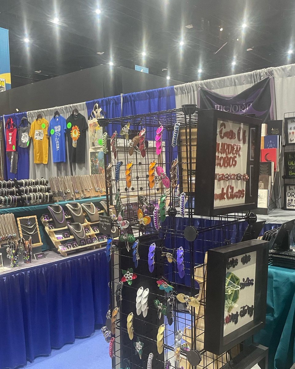 Set up at #ComicCon in booth 4816 until 7 tonight! Come see us for our first time in California! #vendorhall #chainmaille #gamergear #laserengraved #titaniumjewelry