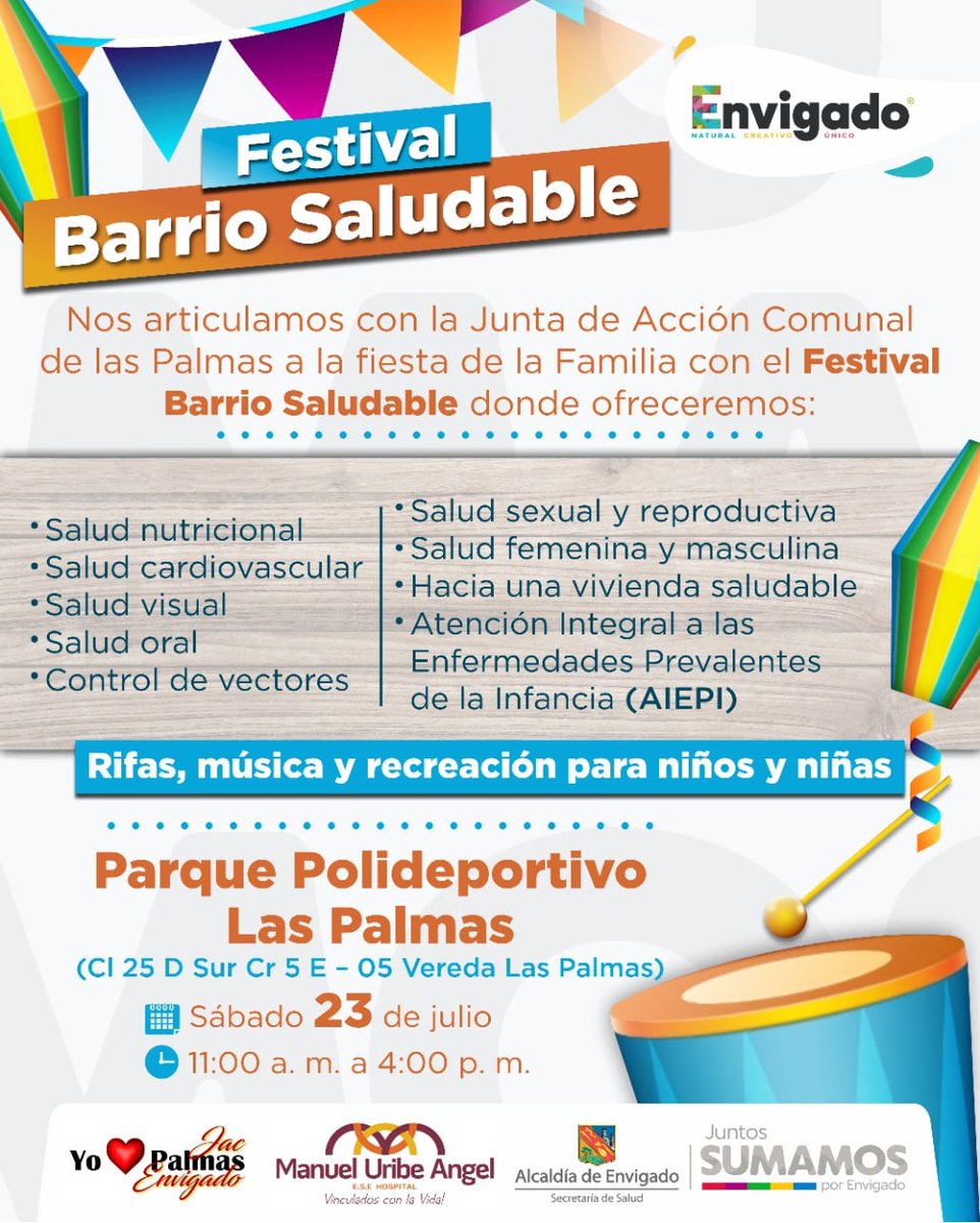 AlcaldiaEnv's tweet photo. 🗓️ Este sábado 23 de julio realizaremos nuestro Festival Barrio Saludable en el 📍Parque Polideportivo Las Palmas desde las 11:00 a.m hasta las 4:00 p.m 👏🏻

https://t.co/Hz5lqVBimh https://t.co/eyY48q2XP0